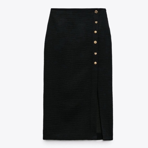 Zara Buttoned Black Textured Knit Midi Skirt Gold Side Buttons & Slit Size L - Picture 2 of 10